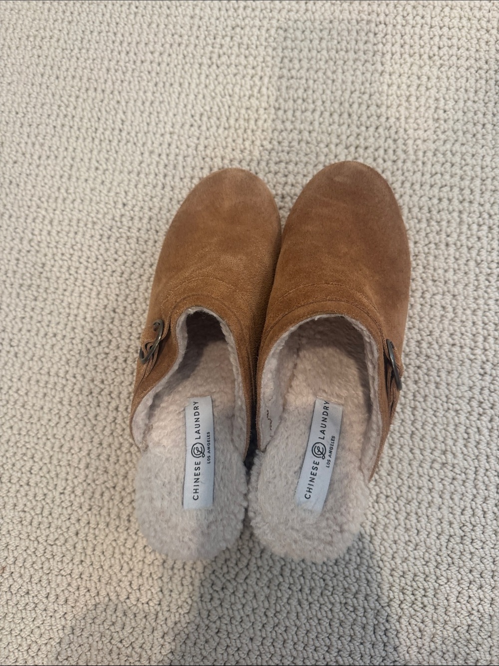 Chinese Laundry Brown Suede Mule Clogs with Shearling Lining